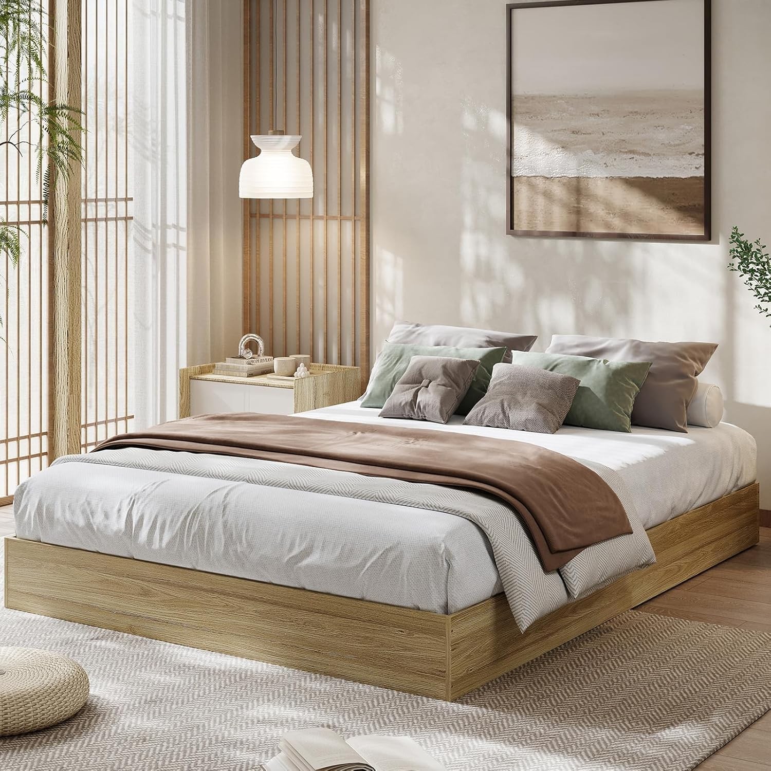 Garvee King Platform Bed Frame Wooden Floor-Standing Sturdy Slats Golden Tan