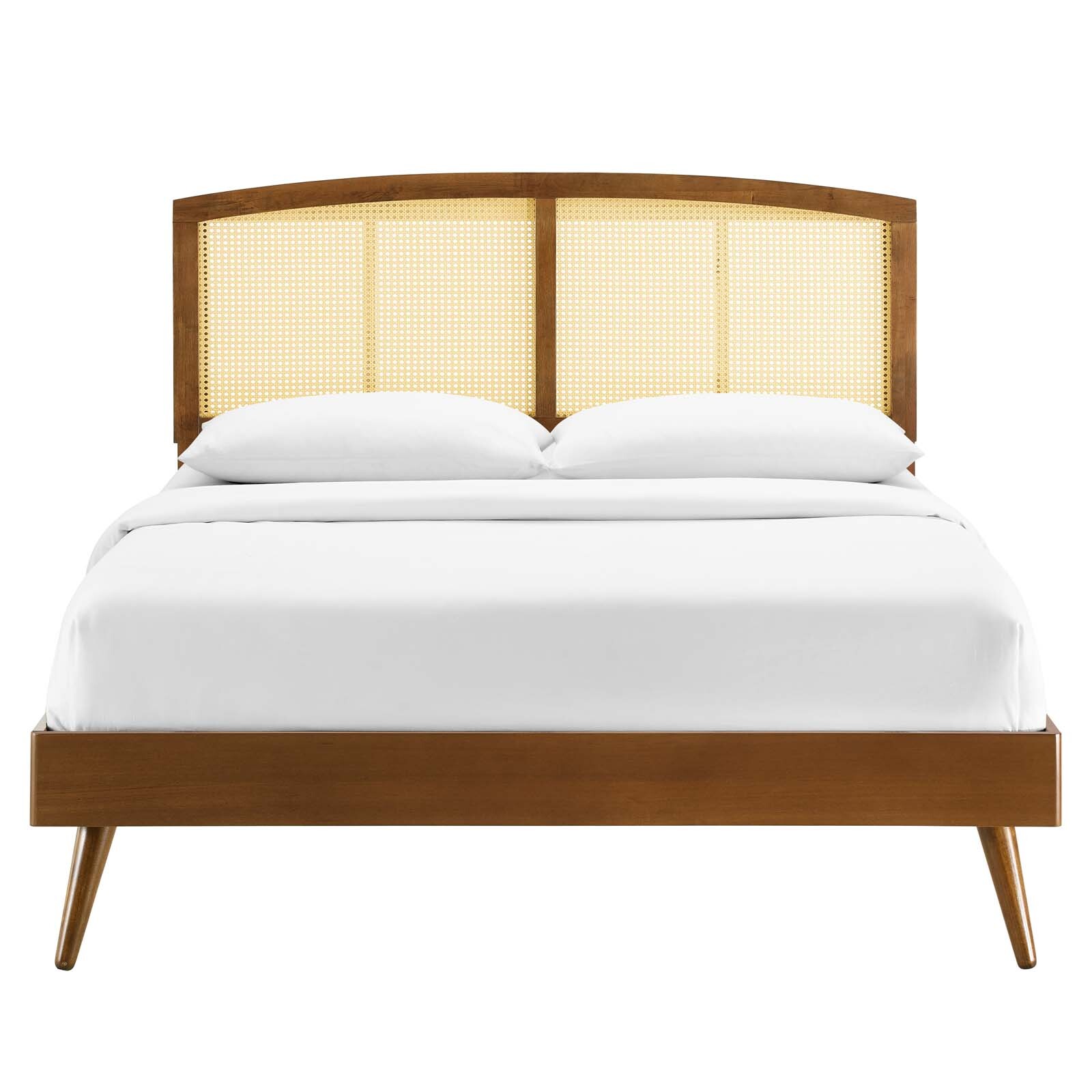 Modway Sierra Cane Rattan and Wood King Platform Bed in Walnut With Splayed Legs