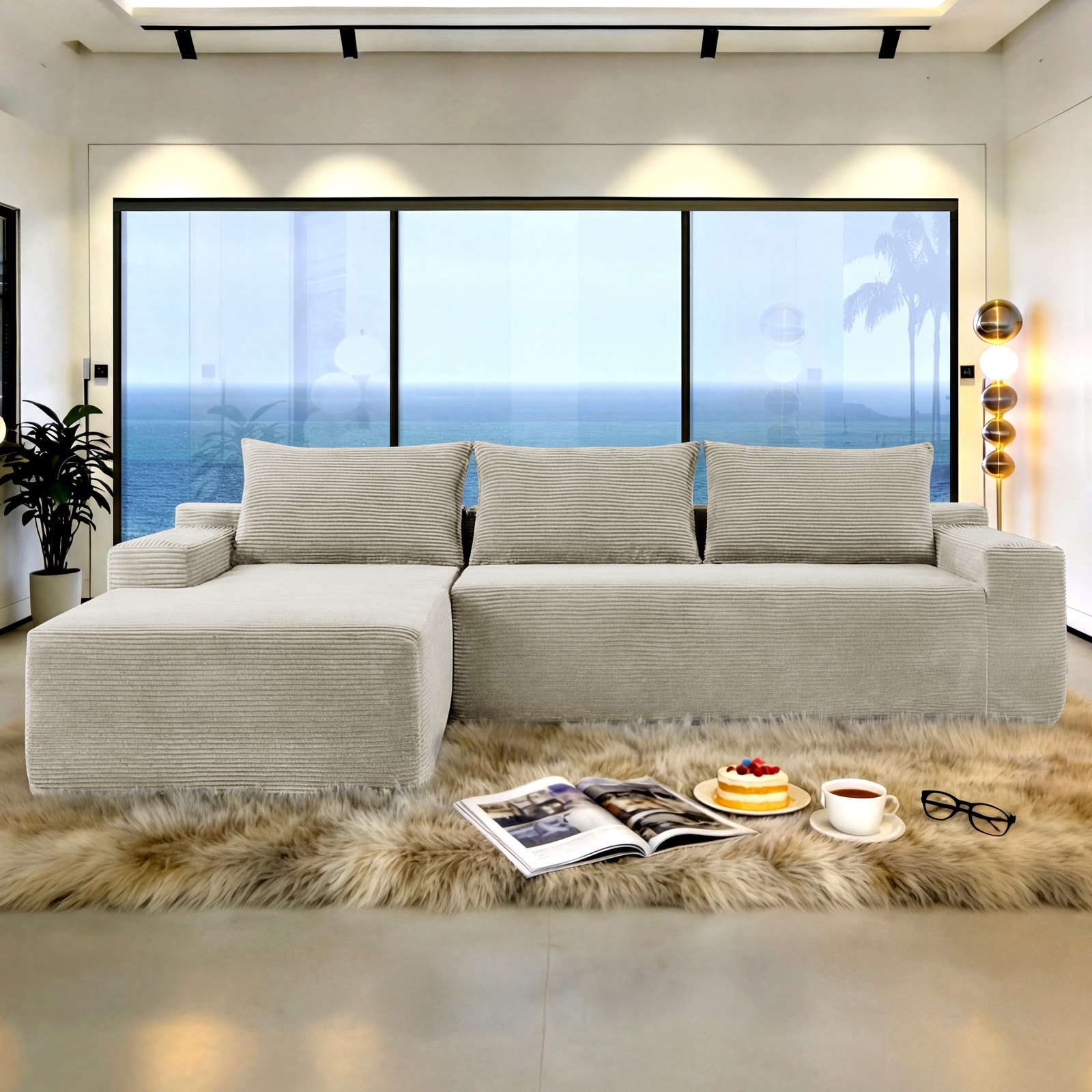 96.9″ L-Shape Cloud Sectional Sofa with Chaise, Corduroy Fabric, Camel
