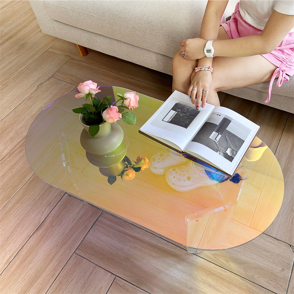 Clear Iridescent Side Table Oval Lucite Coffee Tables for Home Office Reception