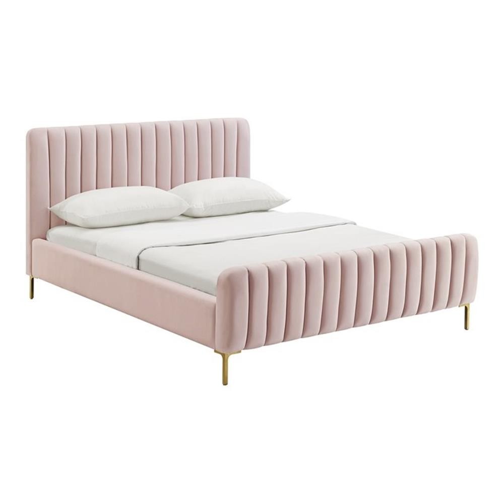 Pemberly Row 41.7″H Velvet Upholstered Queen Bed in Blush Pink
