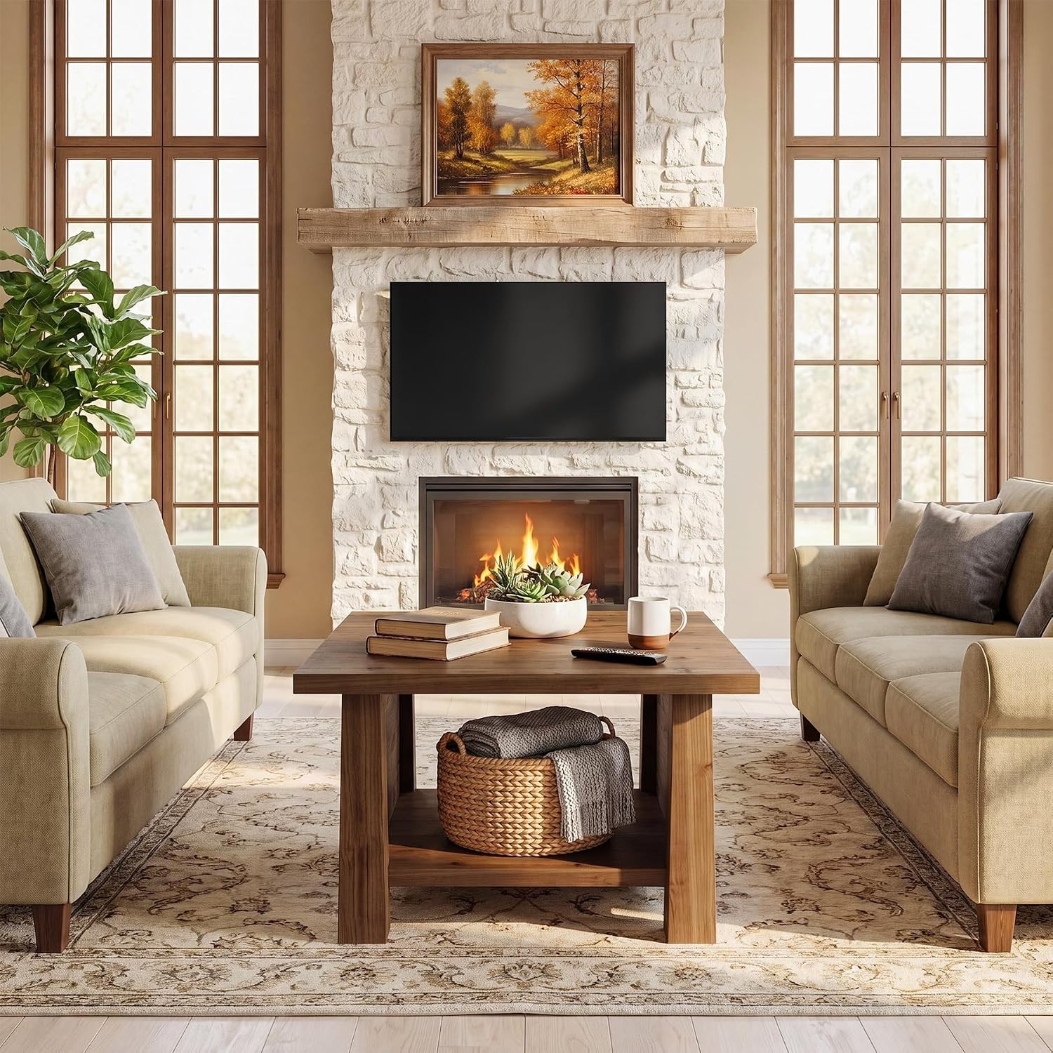 Solid Wood Coffee Table 31.5 Inch Square Rustic Brown Two-Tier Storage Shelf