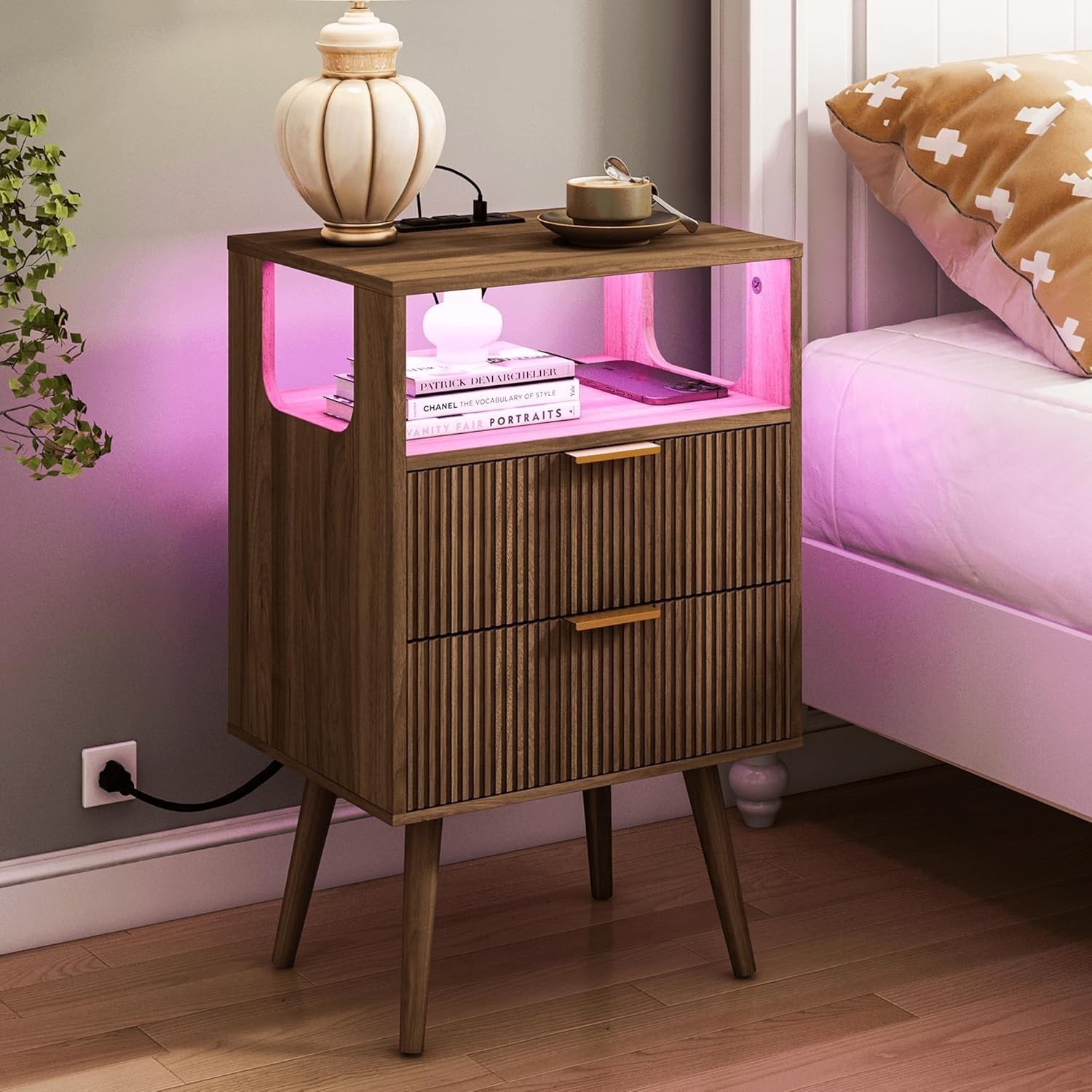 Nightstand with Charging Station and LED Lights Bedside Table 2 Storage Drawer