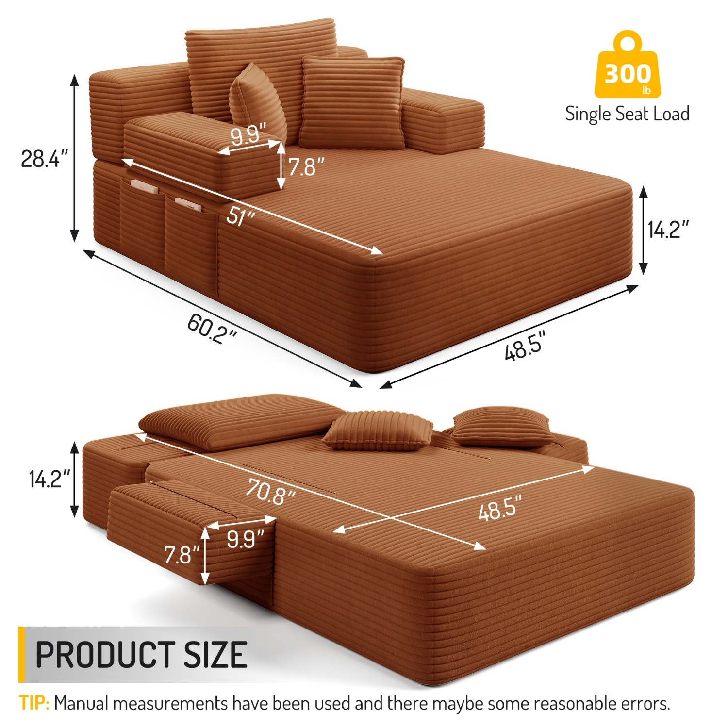 Modern Plush Corduroy Sofa Bed Chaise Lounge No Assembly Required with 3 Pillows