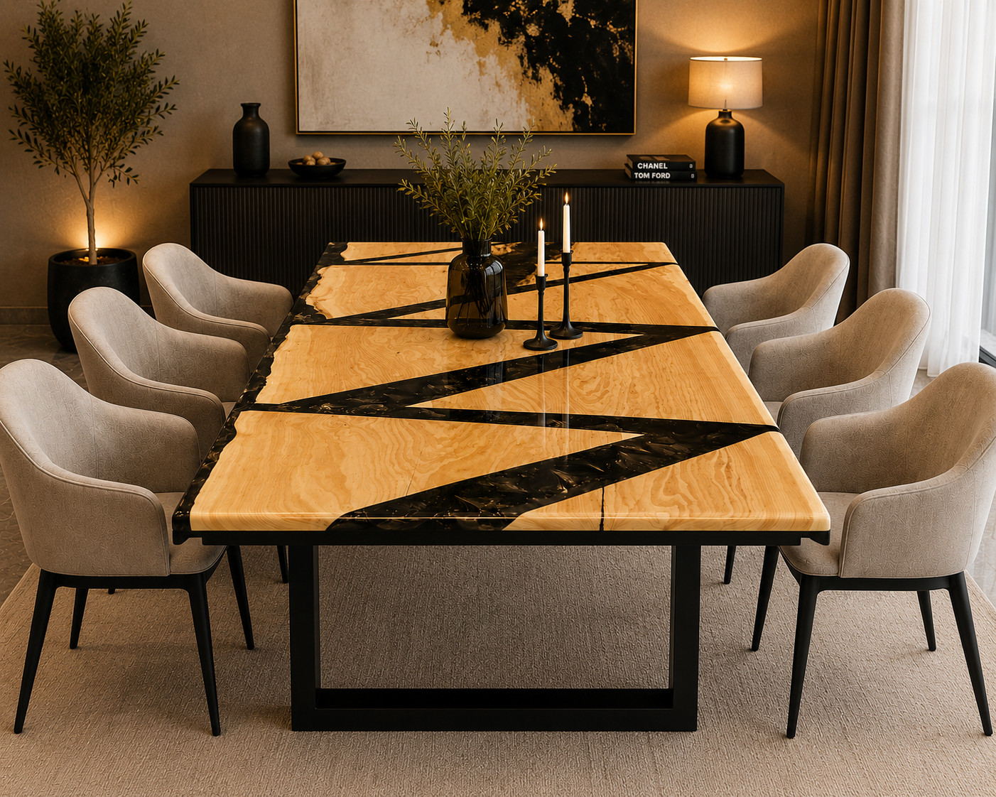 Black Resin Dining Table | Contemporary Geometric Wood Dining Table
