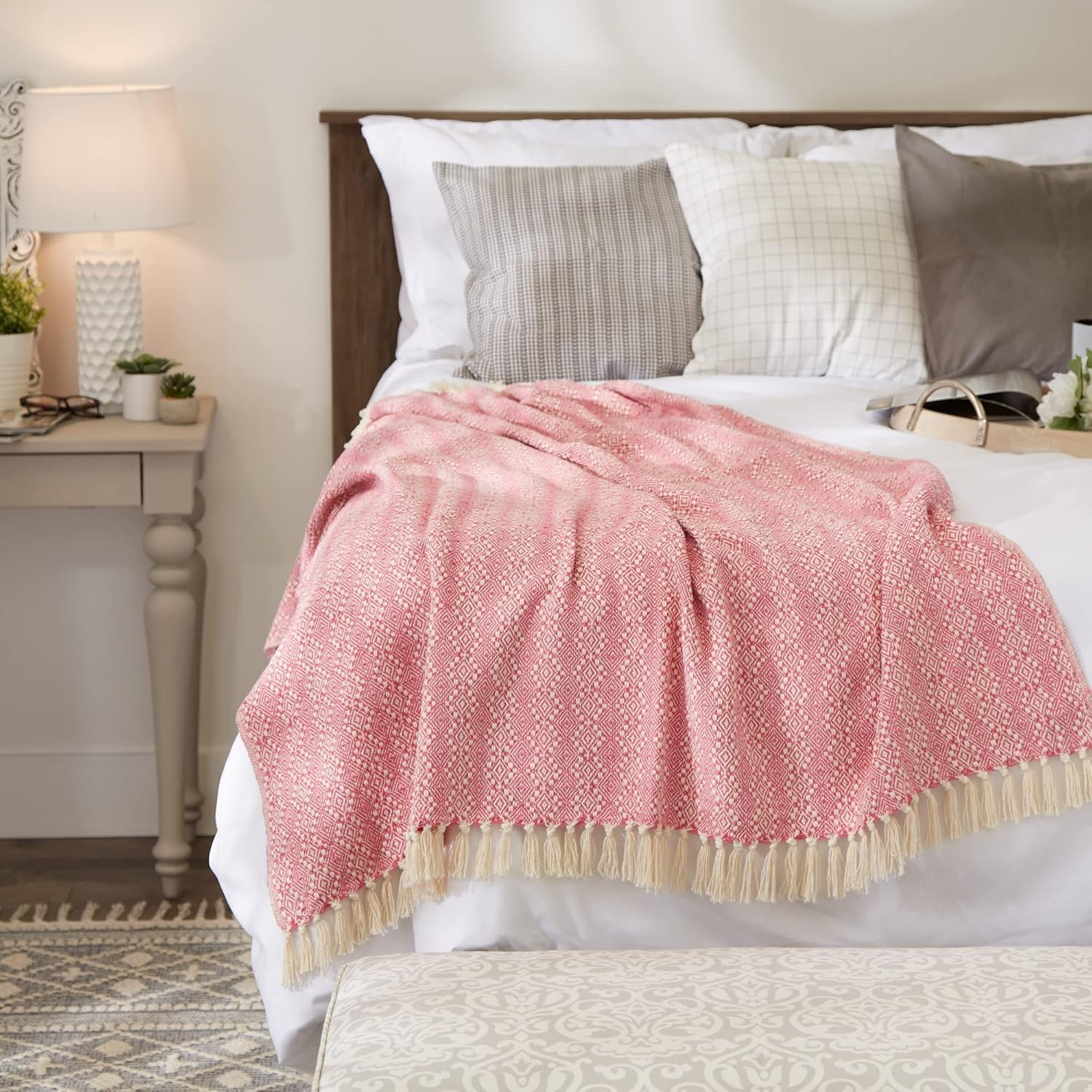 100% Cotton Diamond Stitch Woven Throw Organic Modern 50 X 60Rose Picnic Blanket