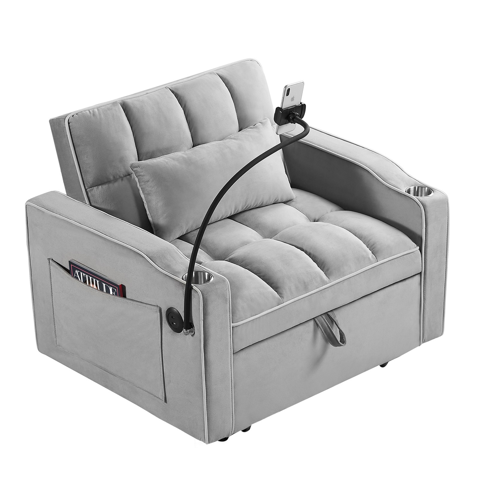Adjustable Sofa Bed 3-in-1 Convertible Chair Sleeper Bed with Type C & USB Port