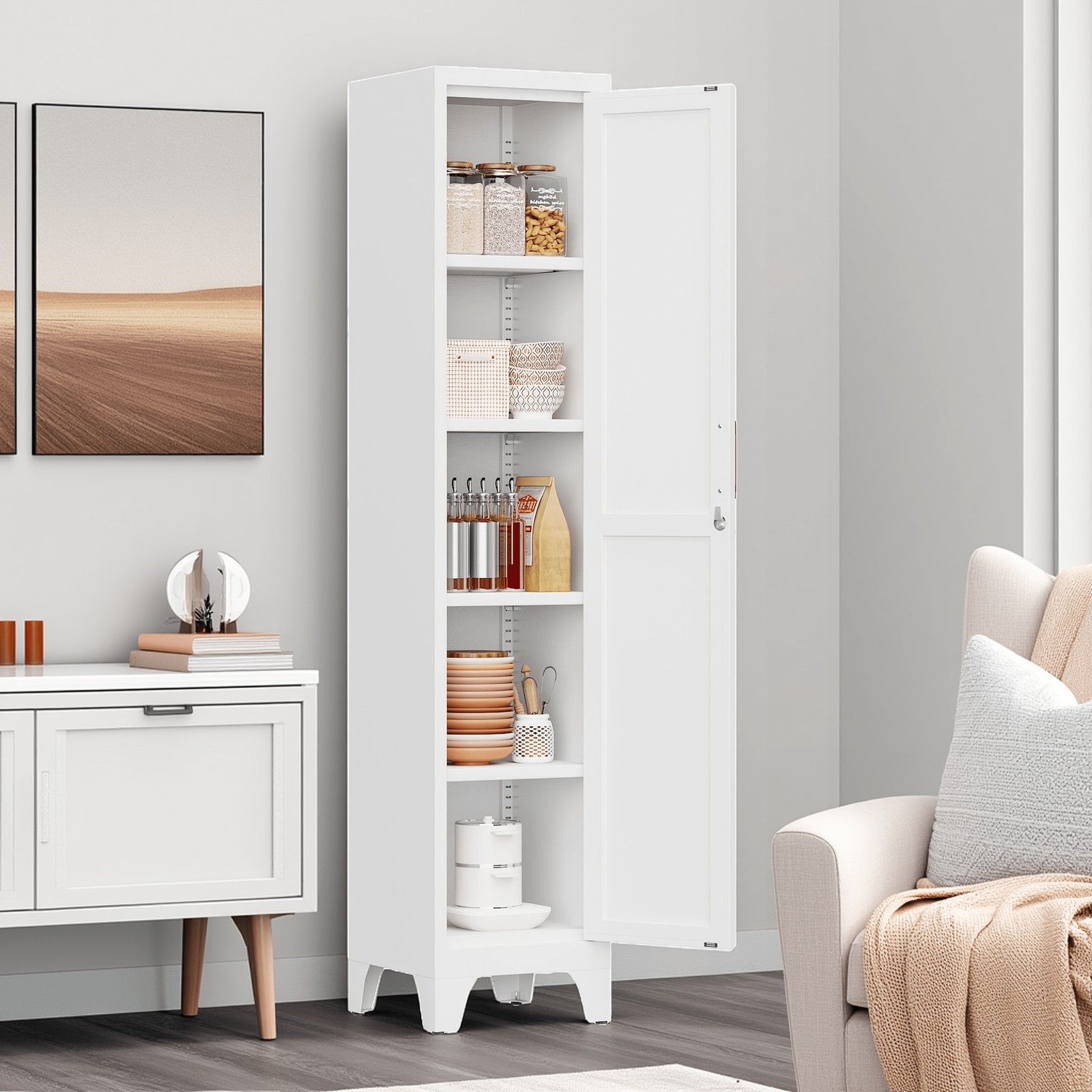 Metal Kitchen Pantry Storage Cabinet with Lockable Door & Adjustable Shelves
