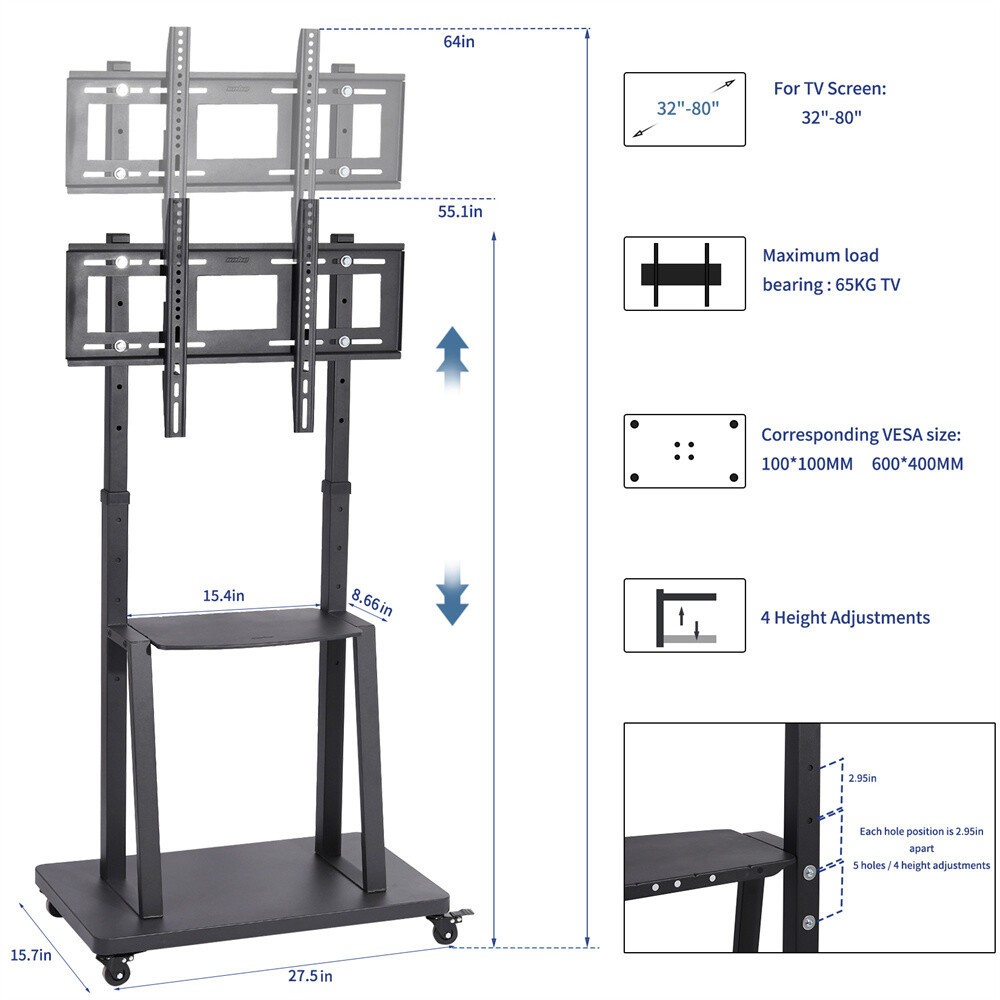 32-100 Inch Rolling TV Stand Mobile TV Cart with Big Storage Shelves Hold 176lbs