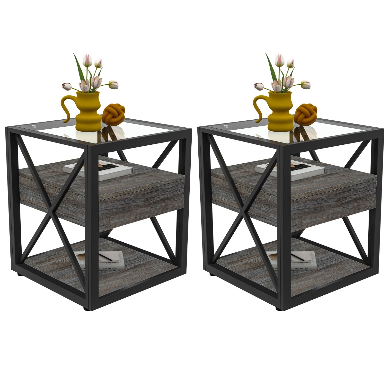 2 Modern End Tables-Rustic MDF, Glass Top, Nightstand & Side Table