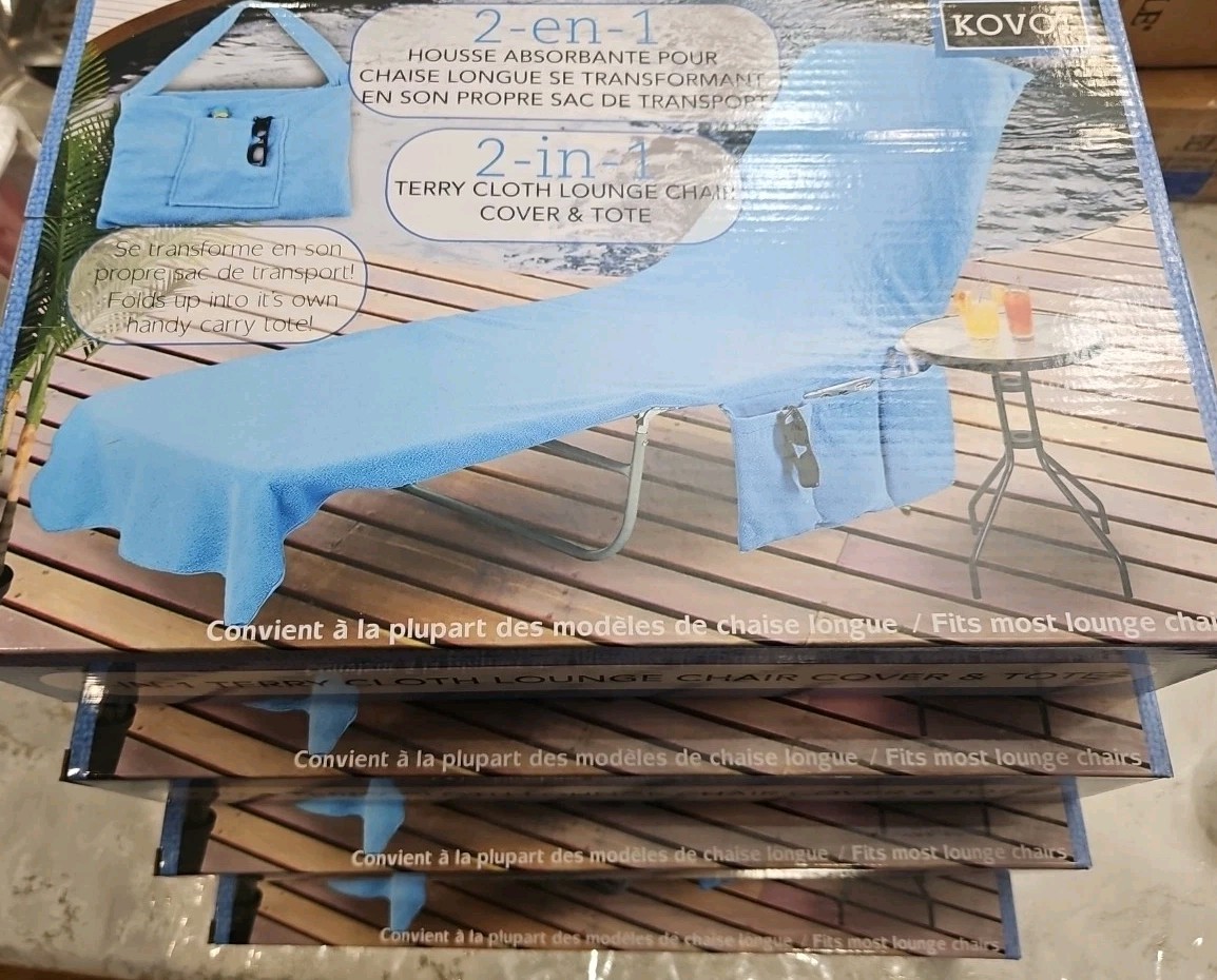 4 KOVOT Pool & Beach Lounge Chair Towels with Carry Tote Blue 84″x26″ Brand New