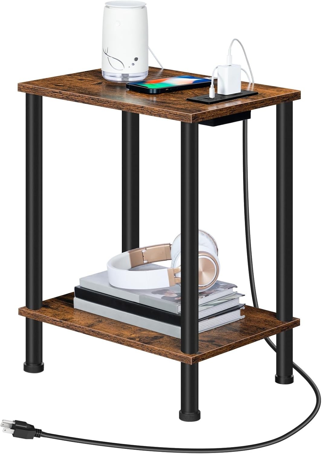 Chic Rustic Brown Side Table with USB and AC Charging Station – Compact Design
