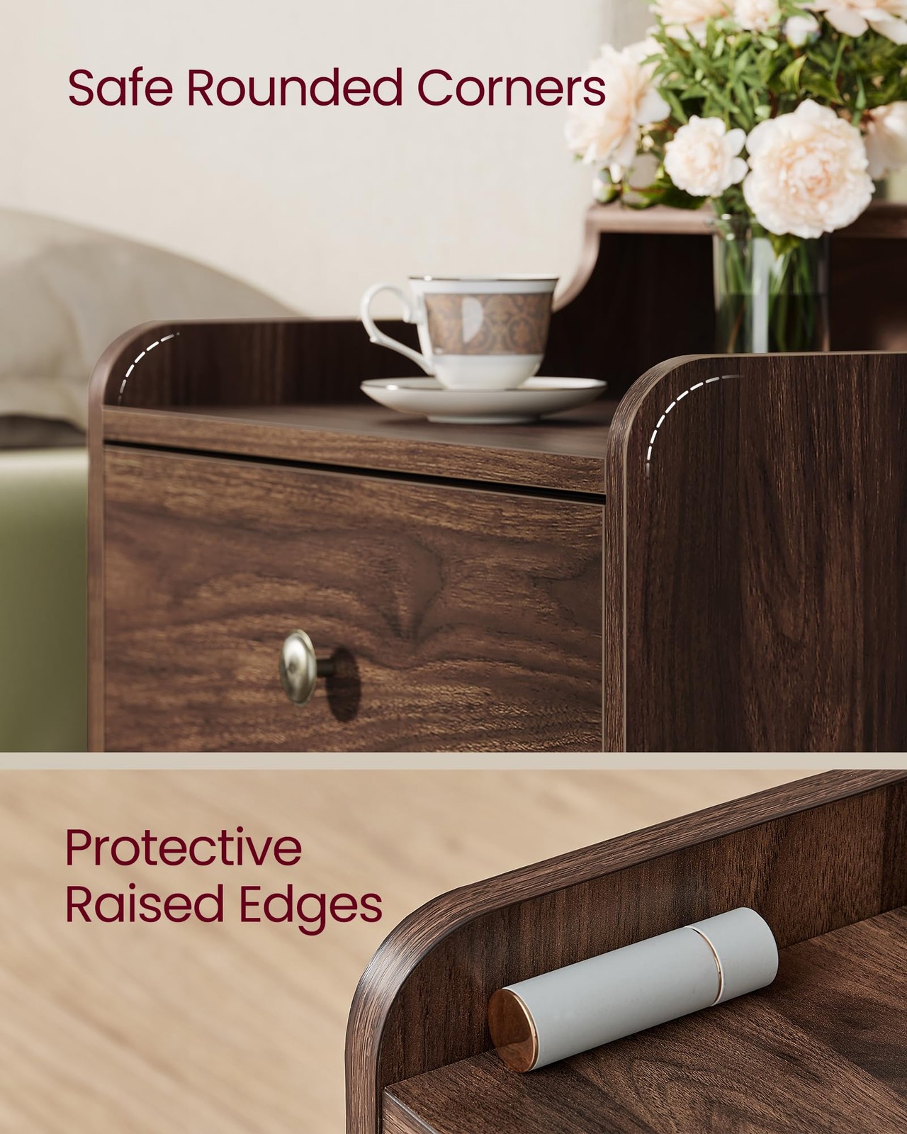 Nightstands Set 2 Bedside Tables Hidden Drawers Mid-Century Solid Wood Legs