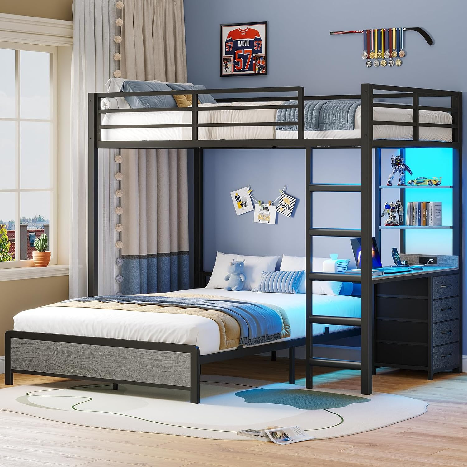 ADORNEVE Twin over Full Bunk Bed with Desk, Bunk Beds Twin over Full Size with C