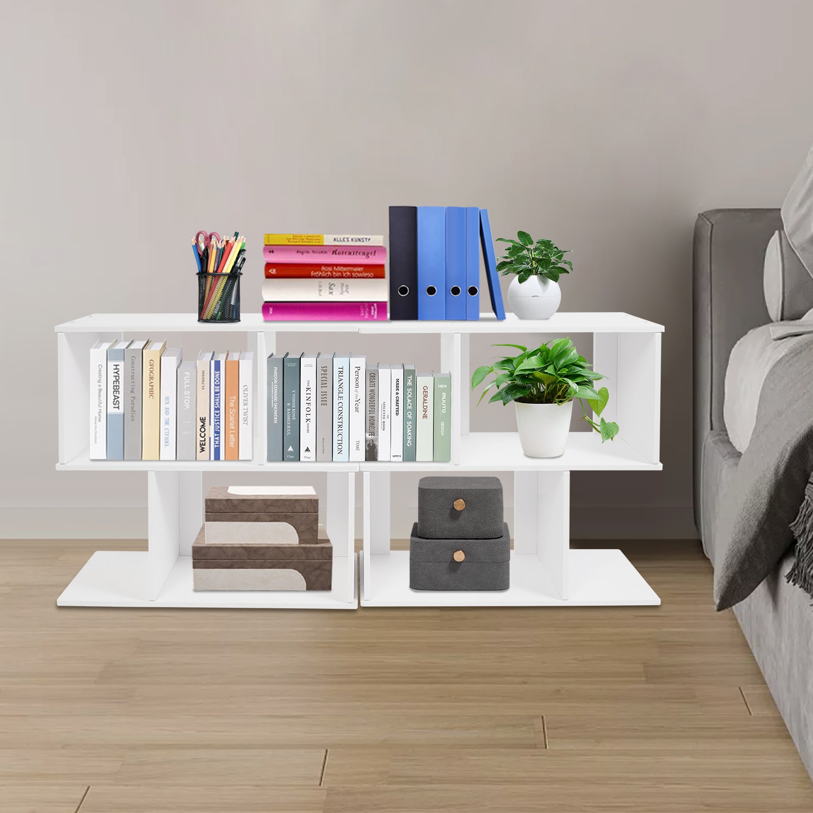 2 Tier Geometric Bookshelf, Freestanding Display Shelf, Z Shaped Open Bookcase