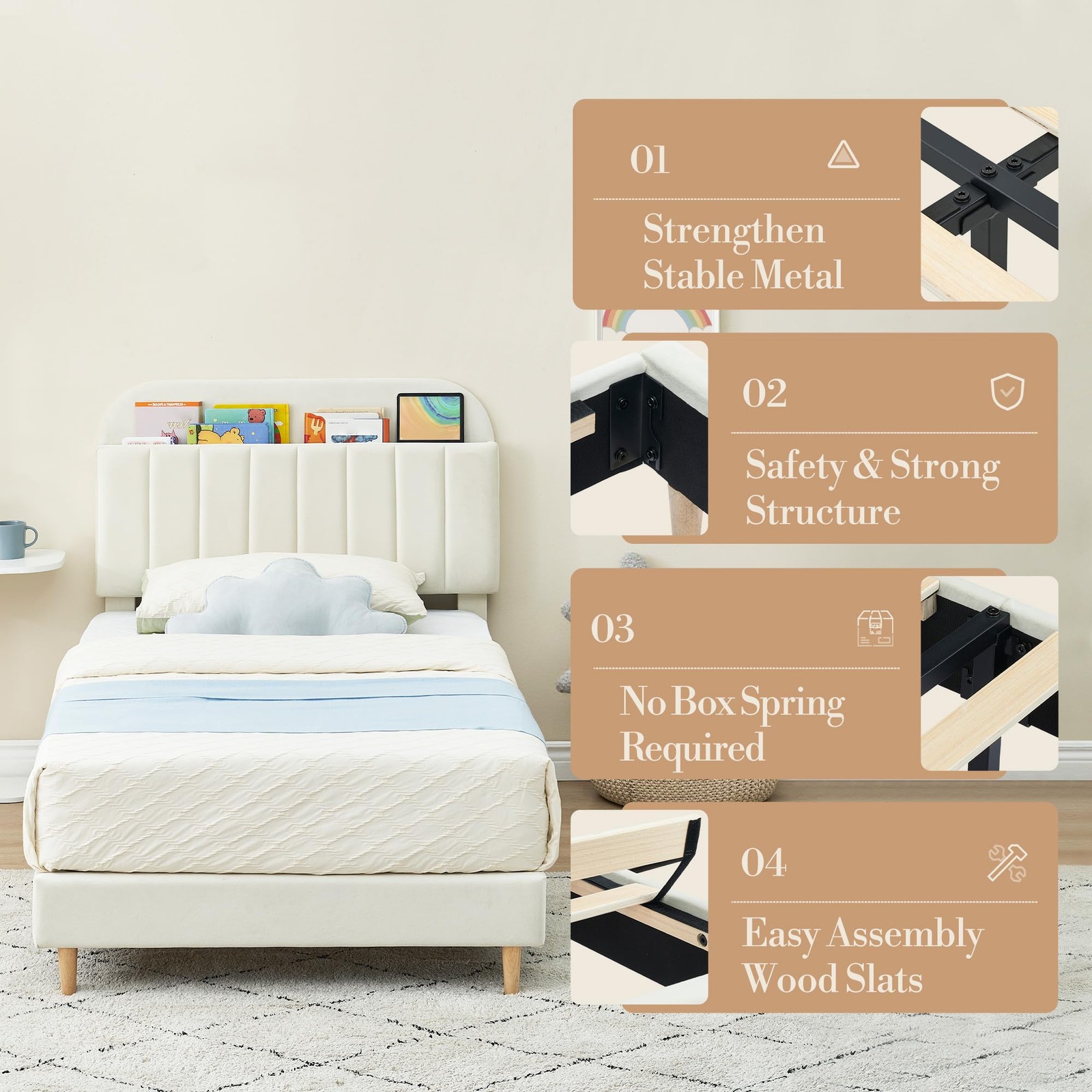 Twin Bed Frame Velvet Headboard for Kids Girls ,Velvet Upholstered Platform