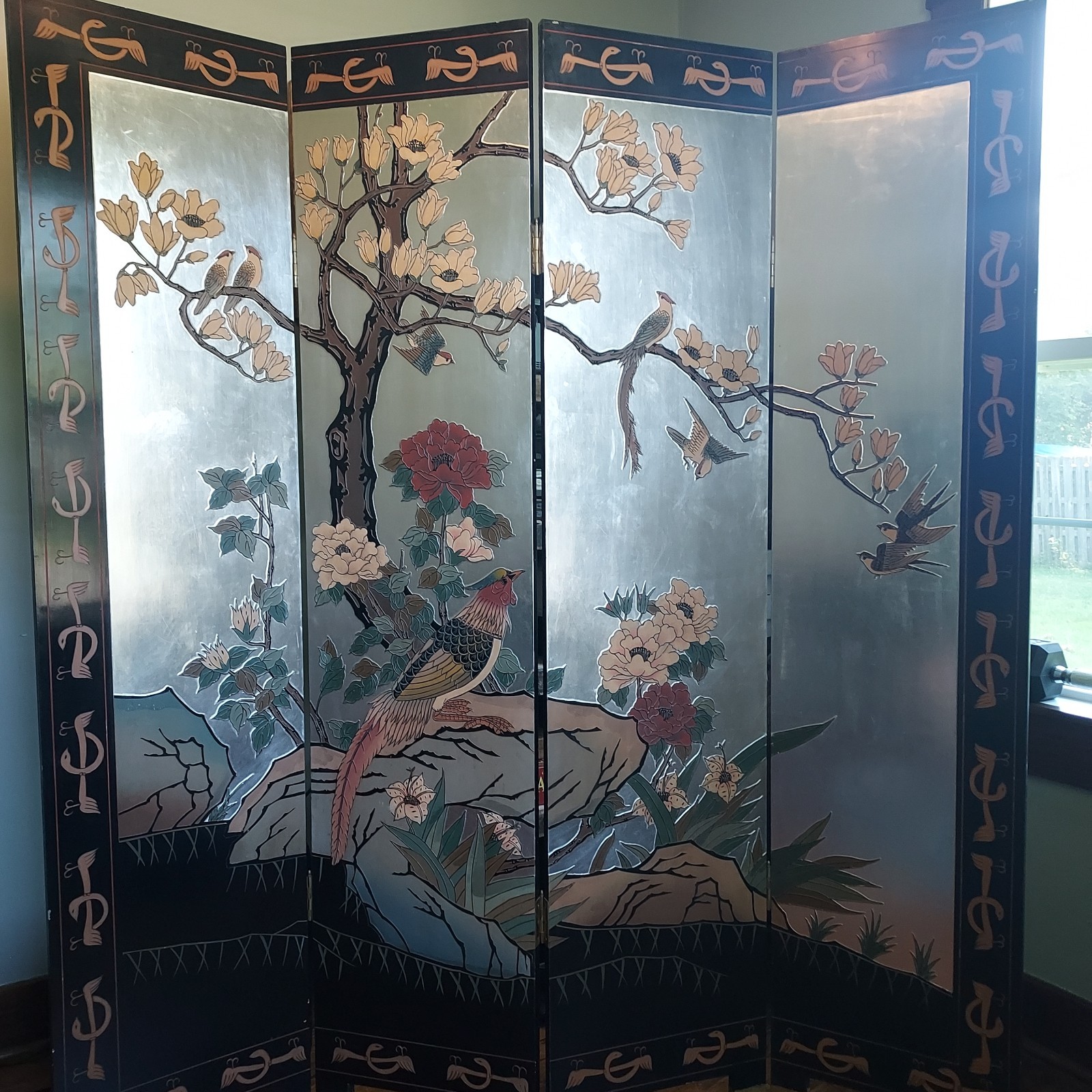 Chinese Coromandel Lacquered and White Gold Leaf Folding Screen Room Divider
