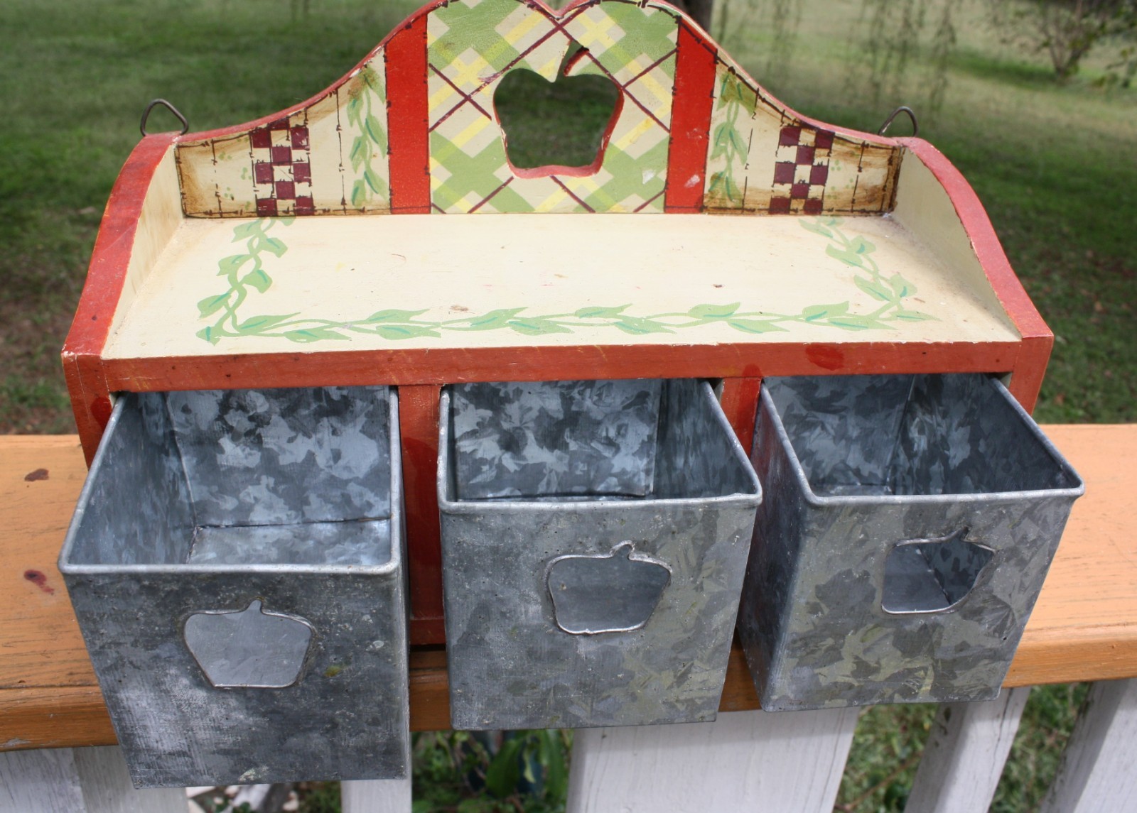 Decorative Rustic Apple Country Kitchen Wooden Wall Shelf with 3 Metal Drawers