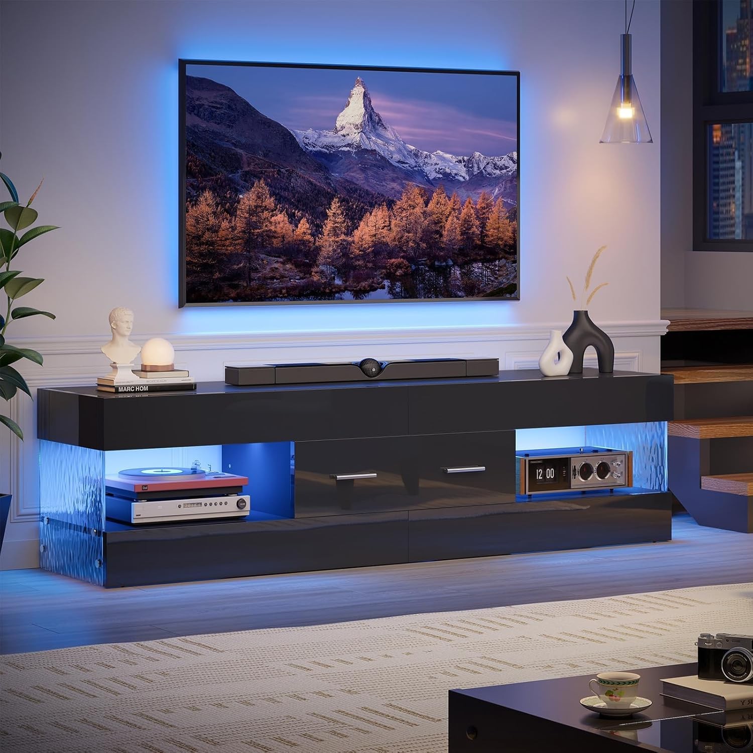 Black TV Stand for 55/60/65 Inch TV, High Gloss Modern TV Stand with