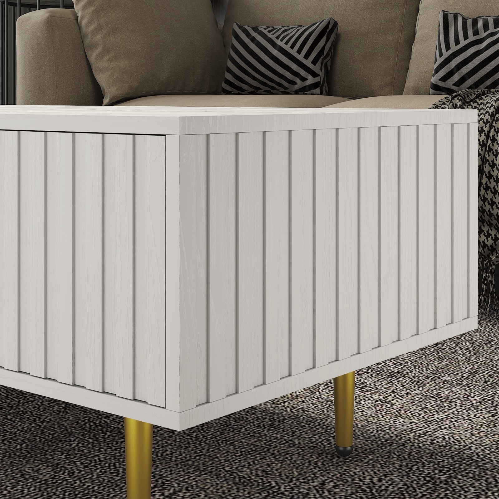 Rectangle Coffee Table for Living Room Wooden Fluted Table Accent Tea Table