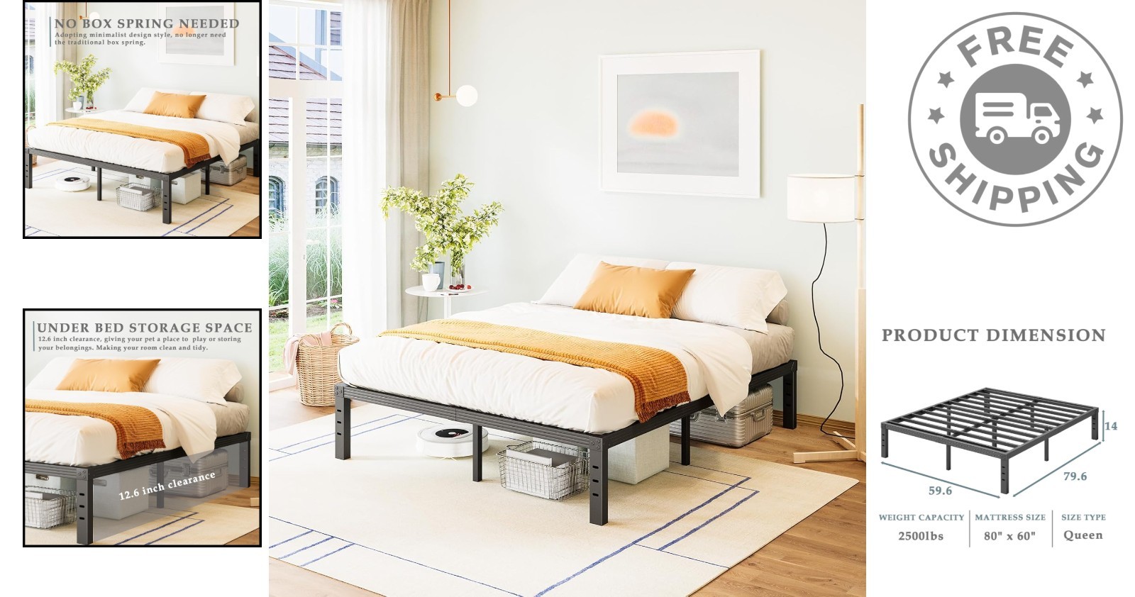 Heavy Duty 14 Inch Queen Bed Frame – Squeak Resistant, Easy Assembly in Black