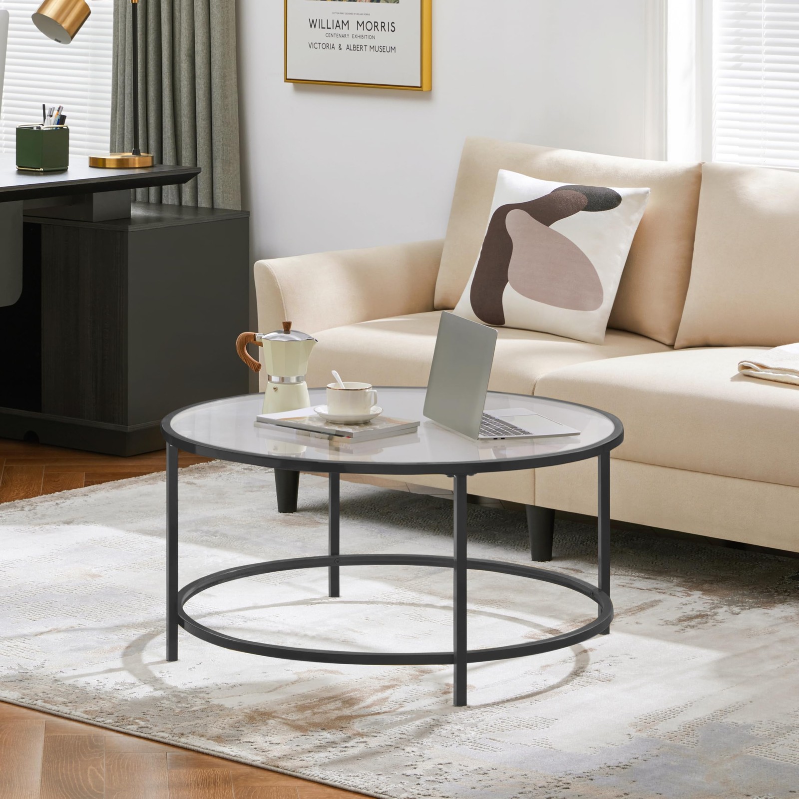 36″ Round Glass Coffee Table, Black Circle Coffee Table Center Table w/Glass Top