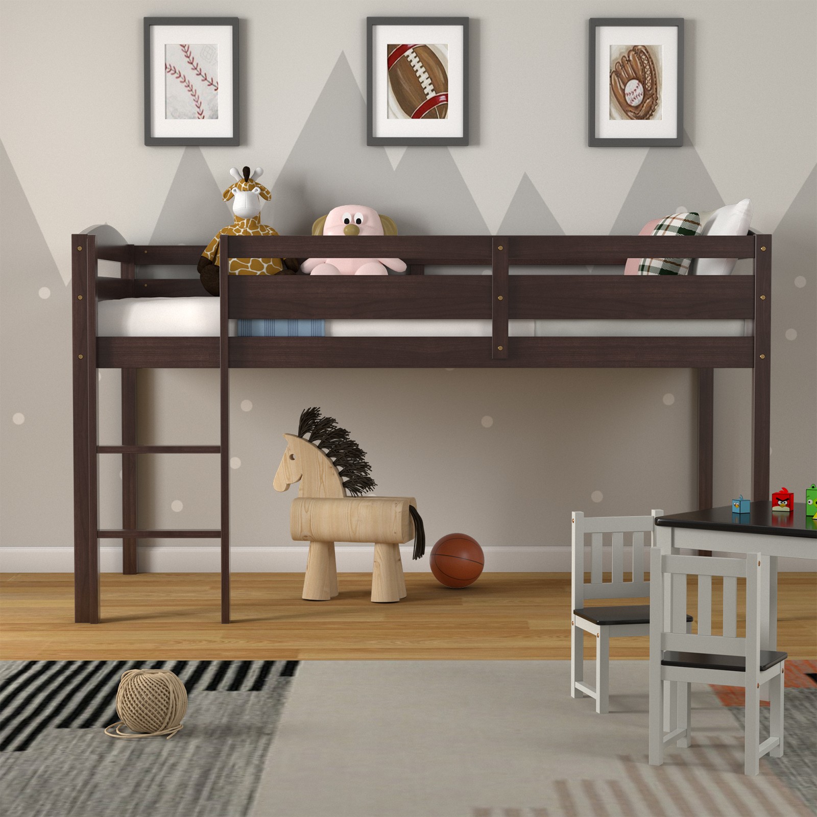 Costway Twin Low Loft Bunk Junior Bed Bedroom Wooden Guard Rail Ladder