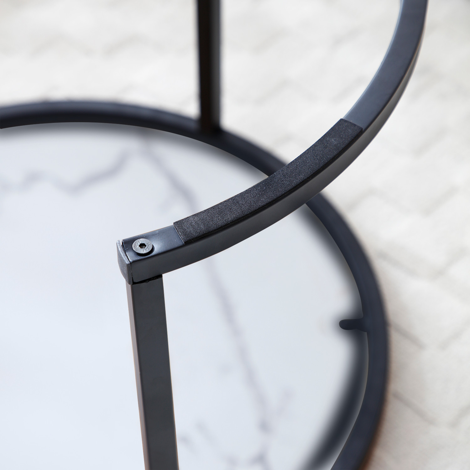 Nesting Round Coffee Table Set with White Gray Marble Top and Black Metal Frame