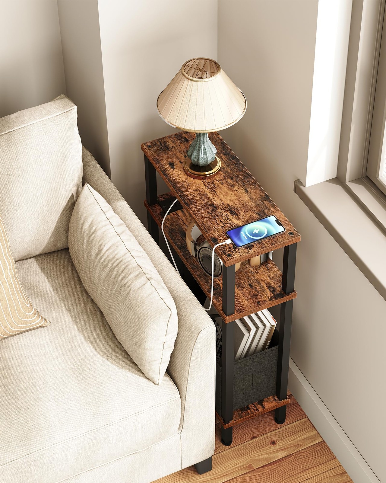 CHOEZON Narrow Side Table with Charging Station, Skinny End Table with Fabric…