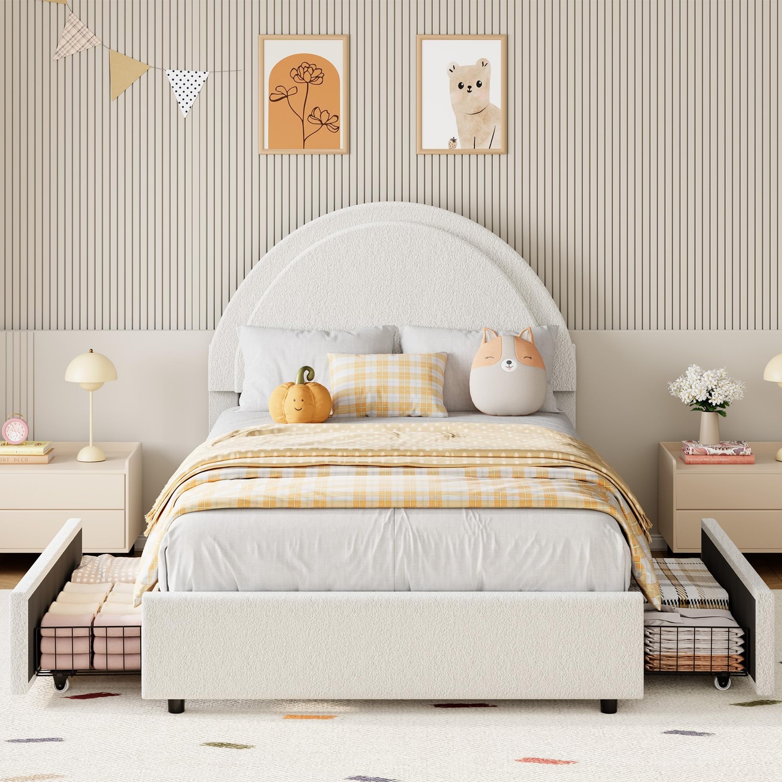 Twin Size Bed Frame ,Modern Boucle Upholstered Platform Bed Frame with 2 Drawers