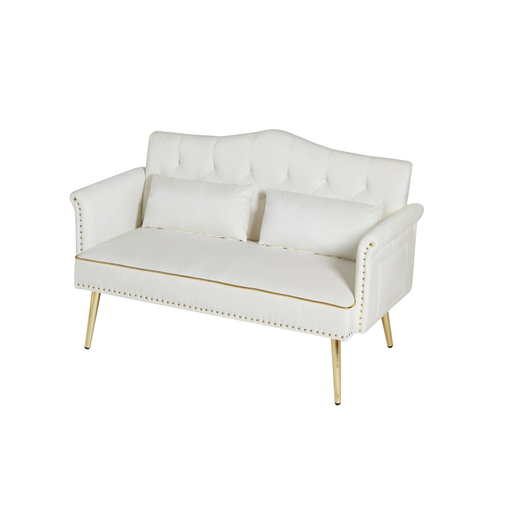Tufted Velvet Loveseat Cream White, Small Sofa for Living Room Bedroom