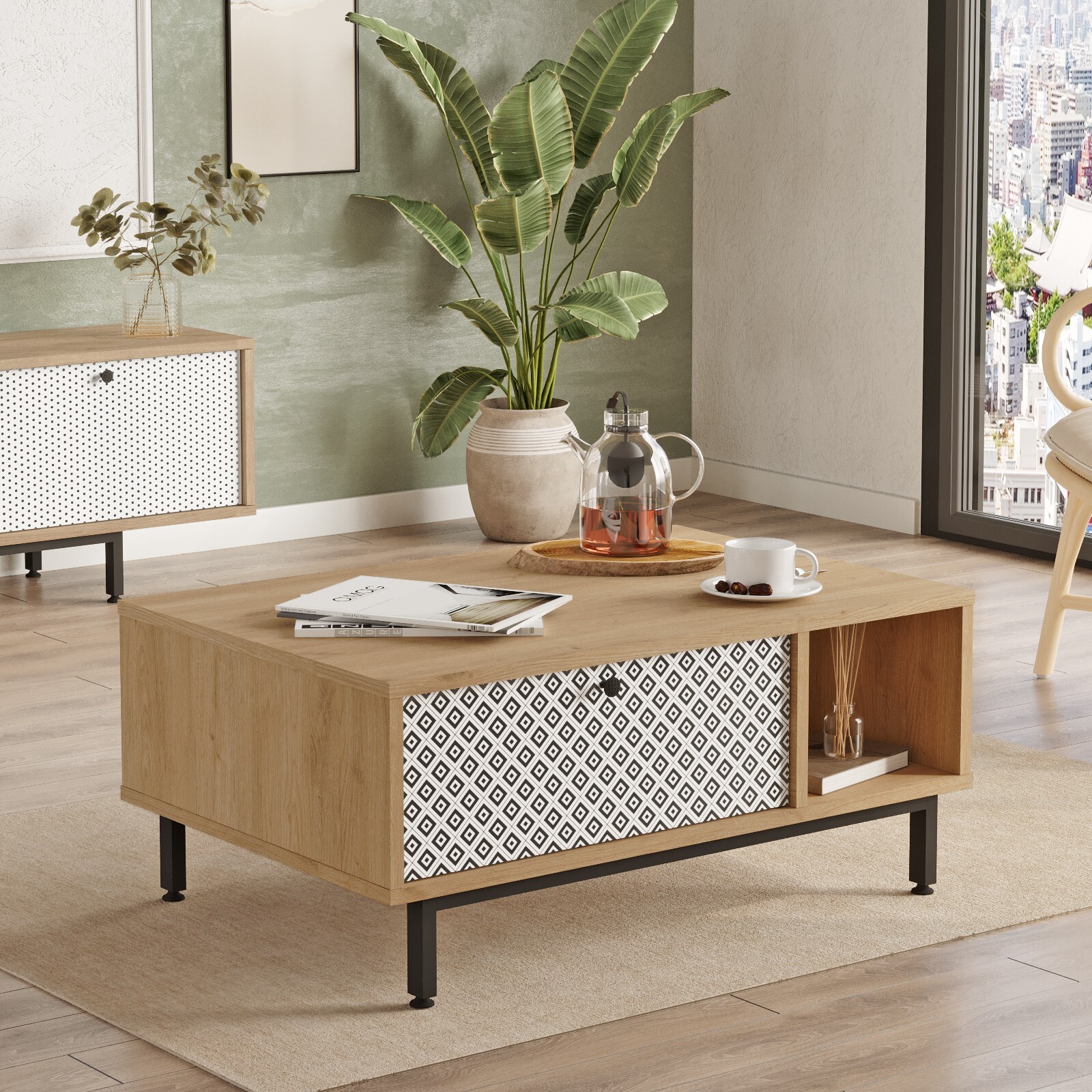 Crea Coffee Table with Metal Legs and Doors UV Print Pine