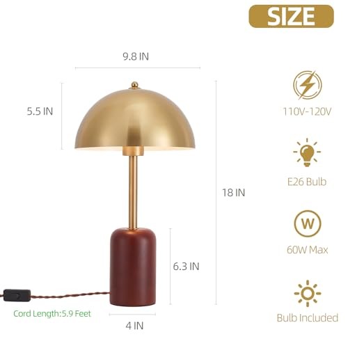 Bedside Table Lamp for Bedroom, Modern Plug in Shade & Cylindrical Brass Gold