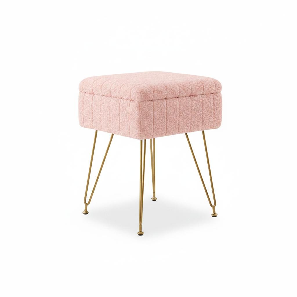 Vanity Stool Chair w/Storage, Small Ottoman Teddy Fleece Padded Footstools Seat