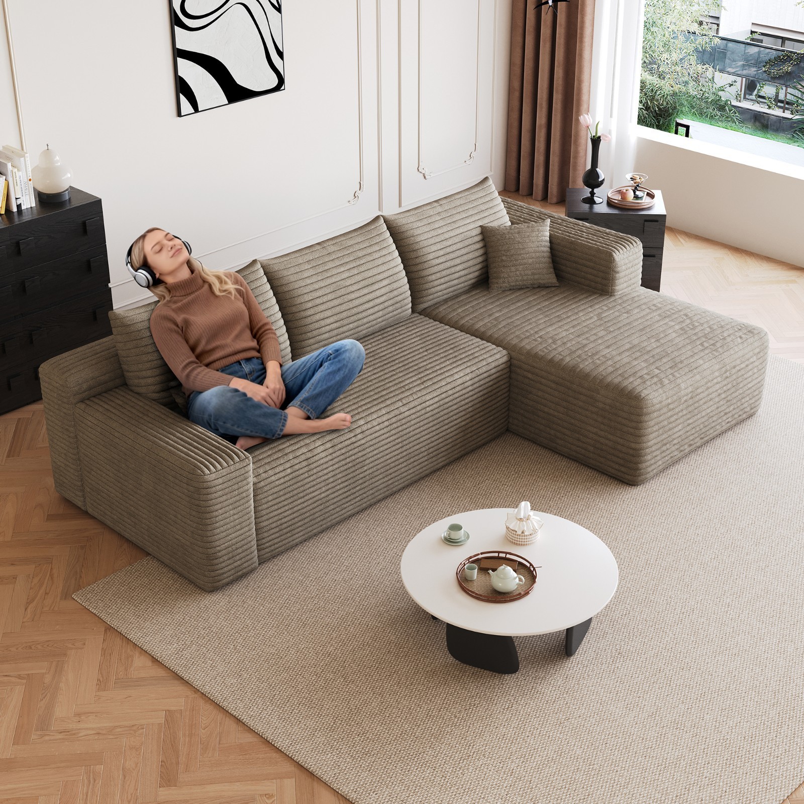 95″ Boneless Couch L Shape Sectional Cloud Sofa Set Right Chaise for Living Room