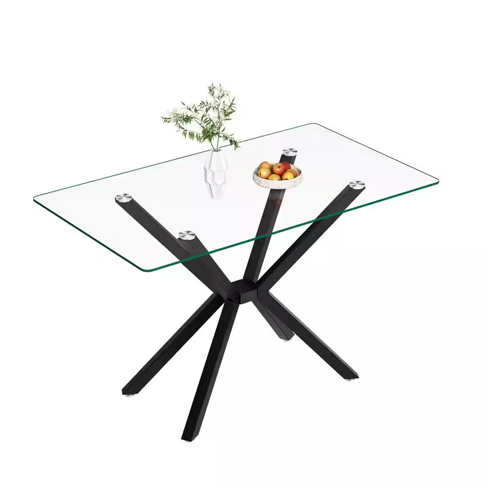 47.24 In. Rectangular Clear Tempered Glass Table with Adjustable Black Metal Cro