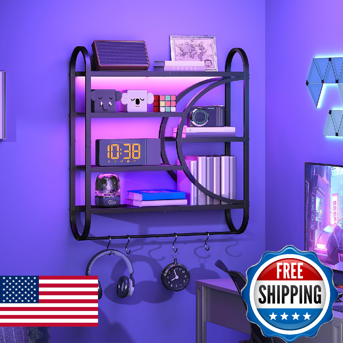 Hoobro Gaming Floating Shelves Led Lights 28.9 Led Wall Mounted Shelf 5-Tier