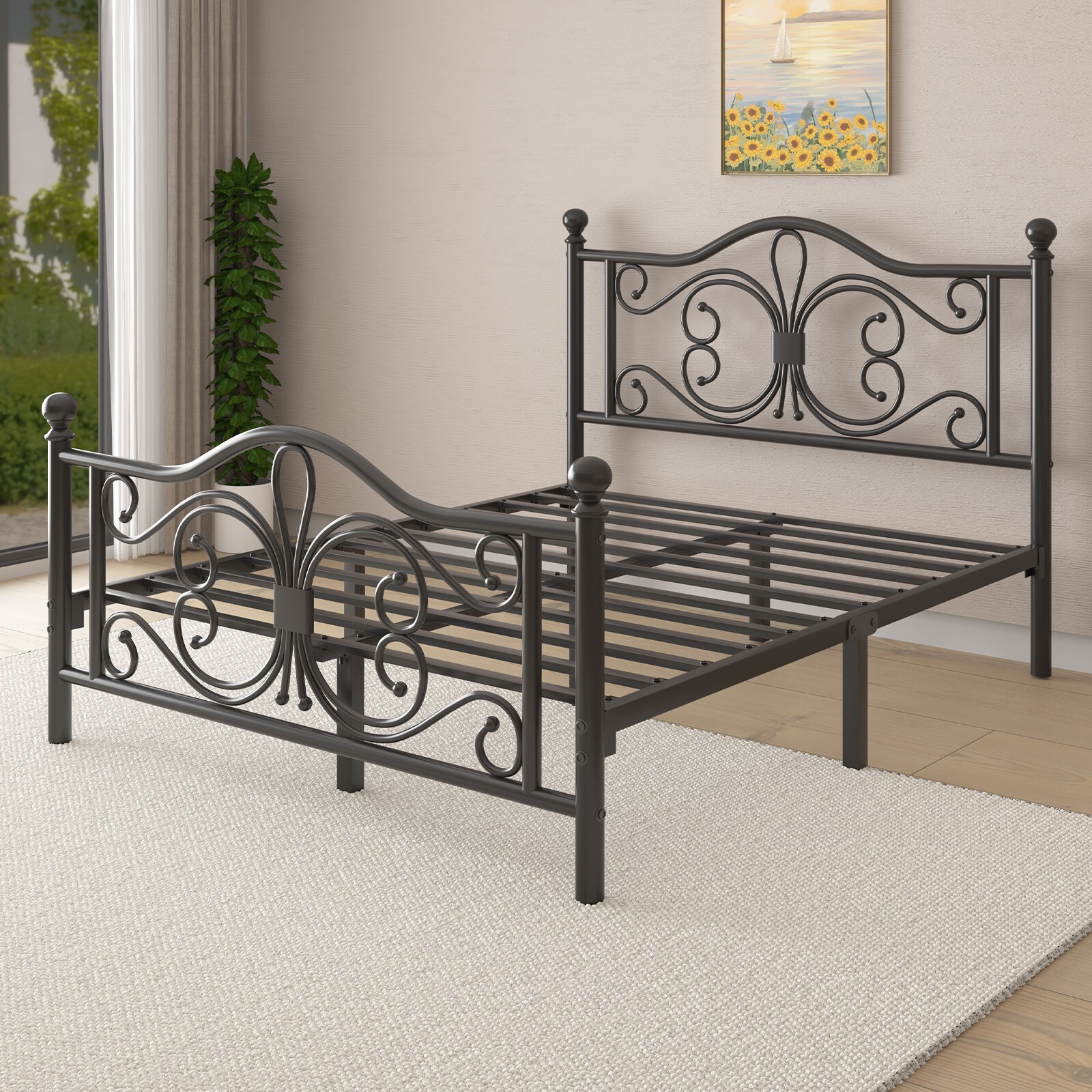 Queen/Twin/Full Metal Platform Bed Frame with White Headboard & Footboard