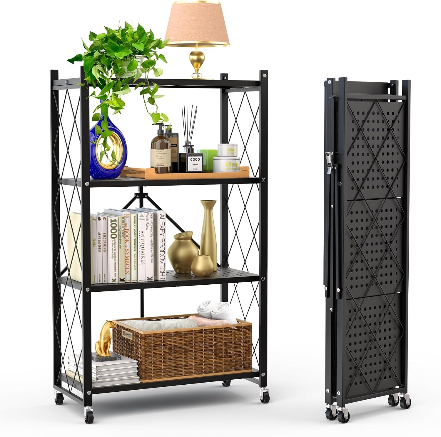 4-Tier Foldable Storage Shelf W/ Wheels Metal Rack Collapsible Shelving Display
