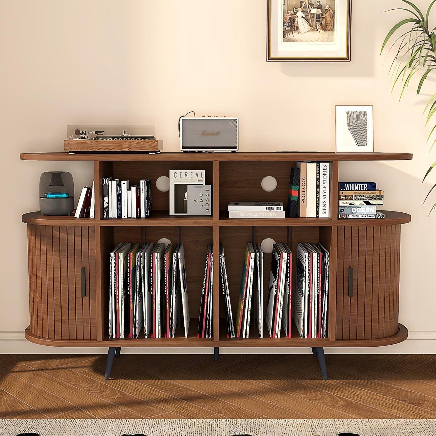 55” Solid Wood Vinyl Record Player Stand with Charging Stations