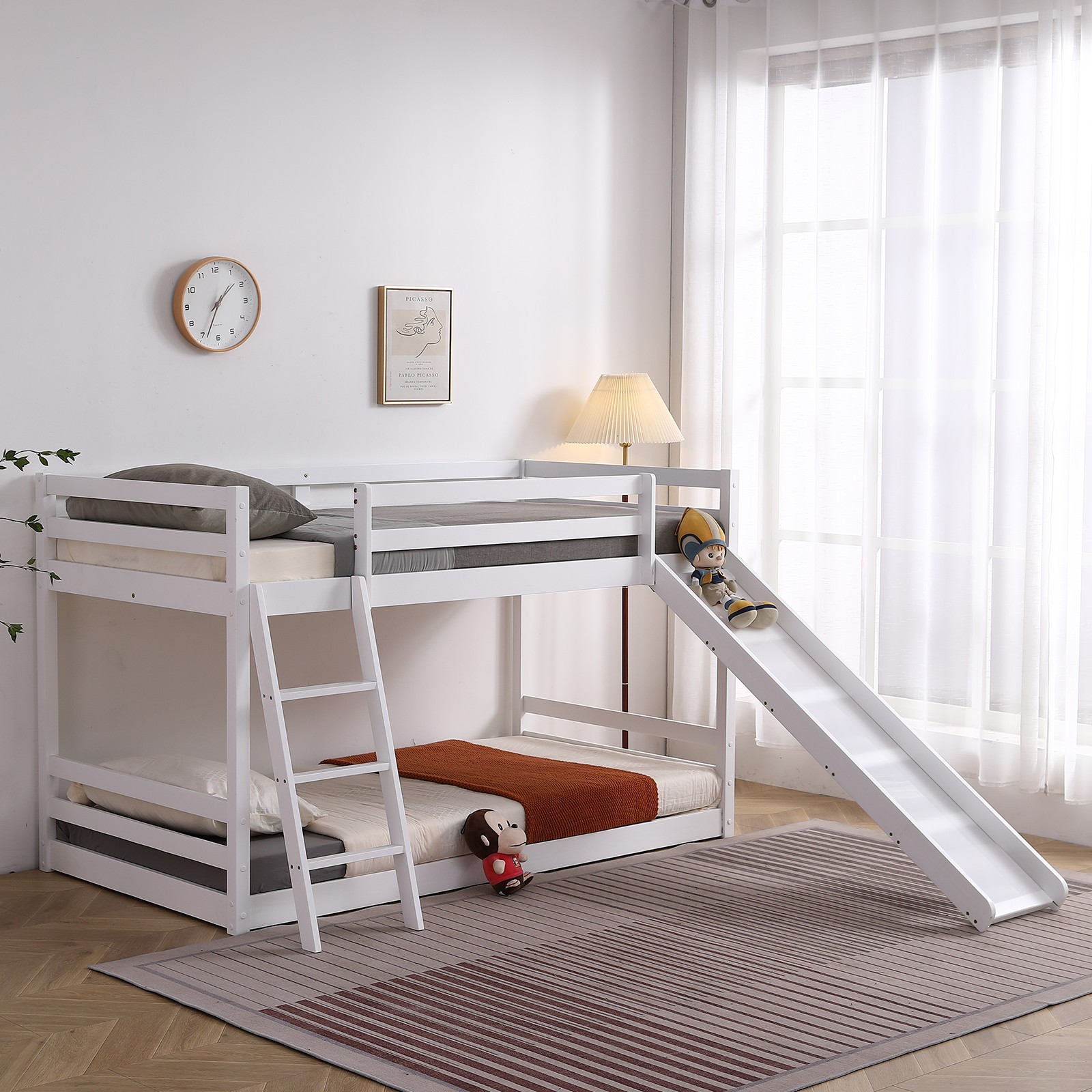 Twin over Twin Bunk Bed with Slide White Boys Girls Kids Teens Bedroom Furniture