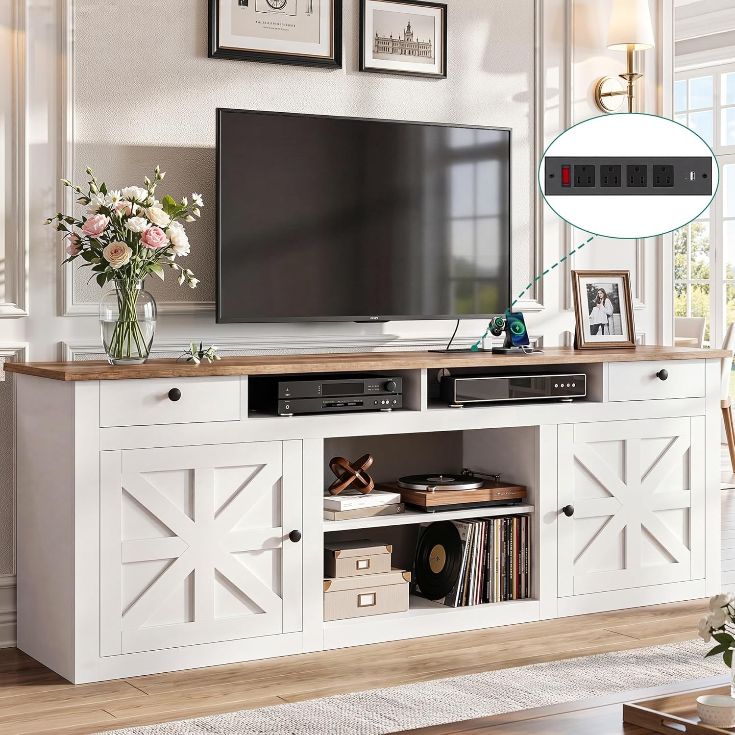 70″ Farmhouse TV Stand for 75/80 Inch TVs, Entertainment Center with Drawers,