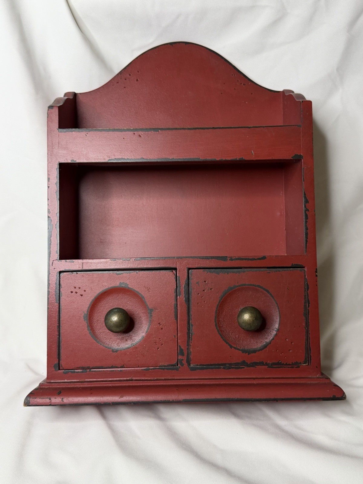 Vintage Red Wall Hanging Wooden Double Drawer Mini Cabinet Shelf Farmhouse Decor
