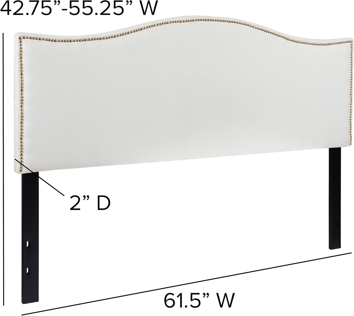 Transitional Queen Size Upholstered Headboard in White with Brass Nailhead Trim