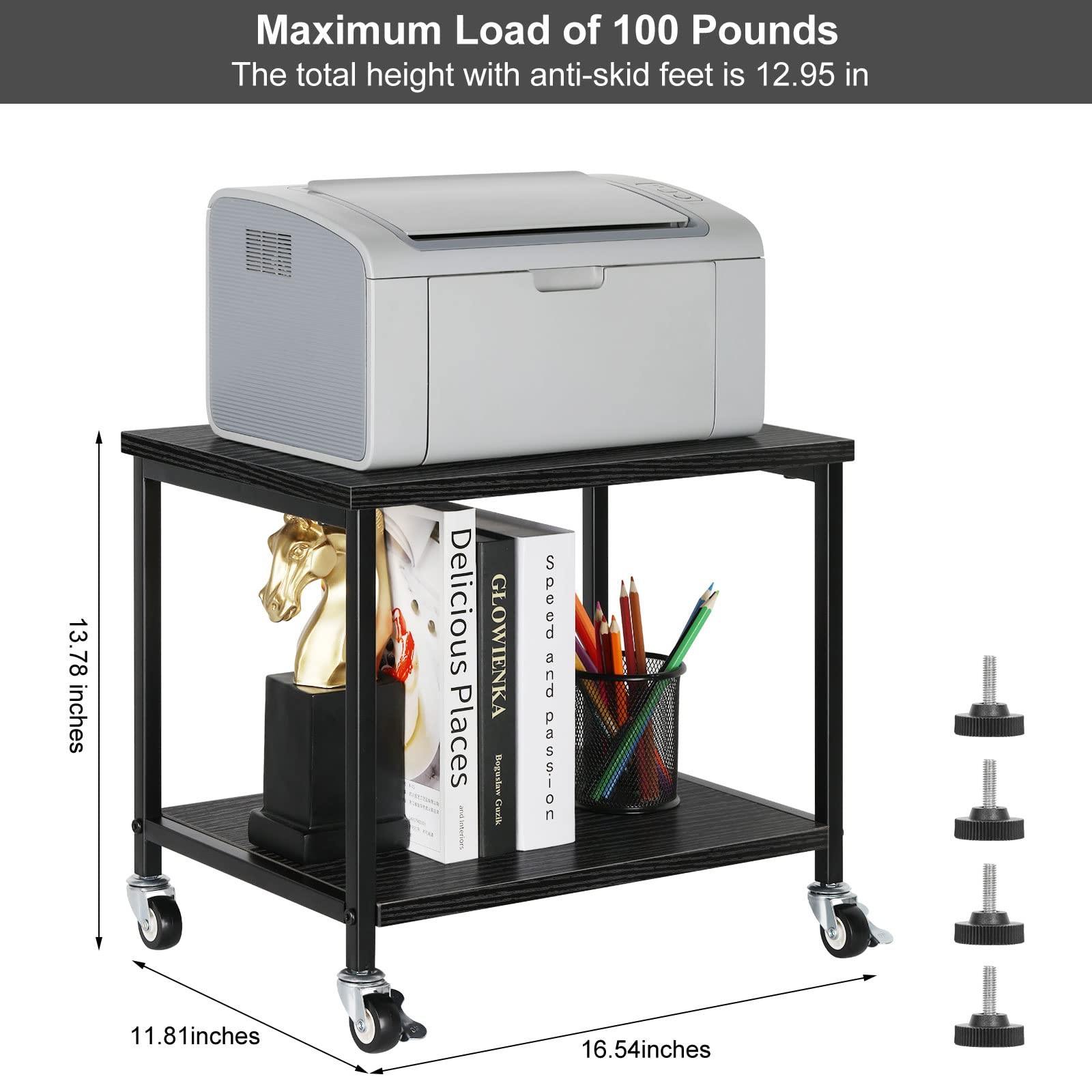 Black 2Tier Rolling Printer Stand Under Desk Mobile Table Scanner Fax Rack