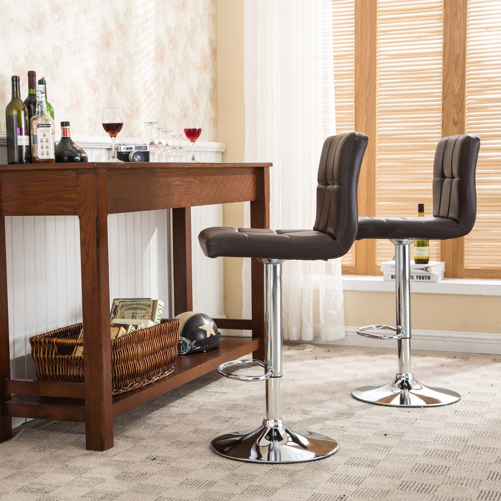 Swivel Adjustable Hydraulic Bar Stools Faux Leather Brown Set of 2