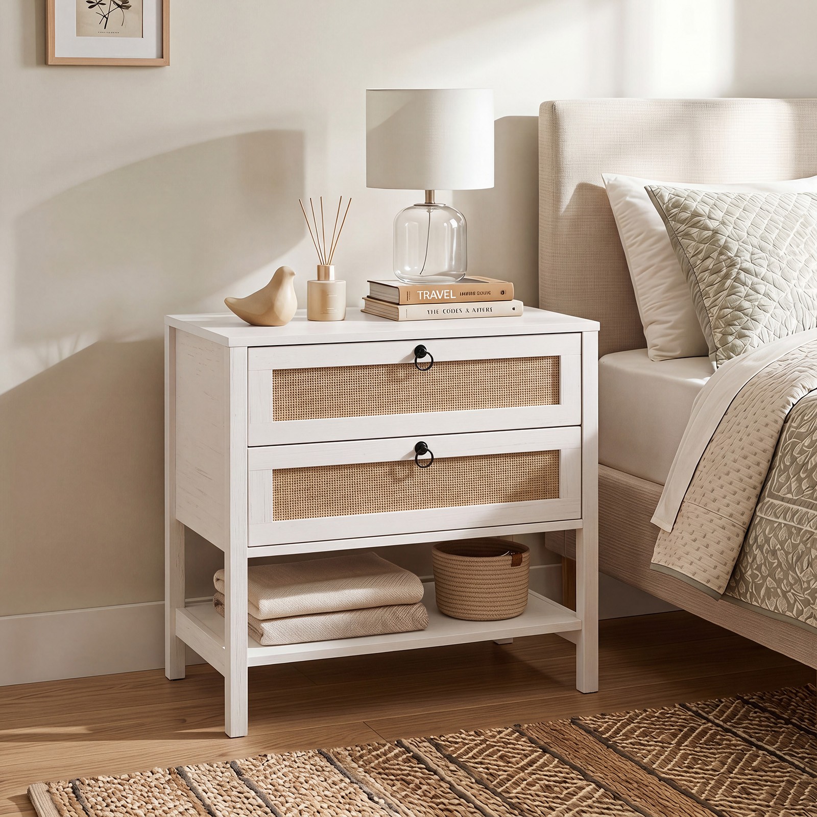 27” Rattan Nightstand w/2 Drawers, Coastal Whitewashed Oak Accent Table