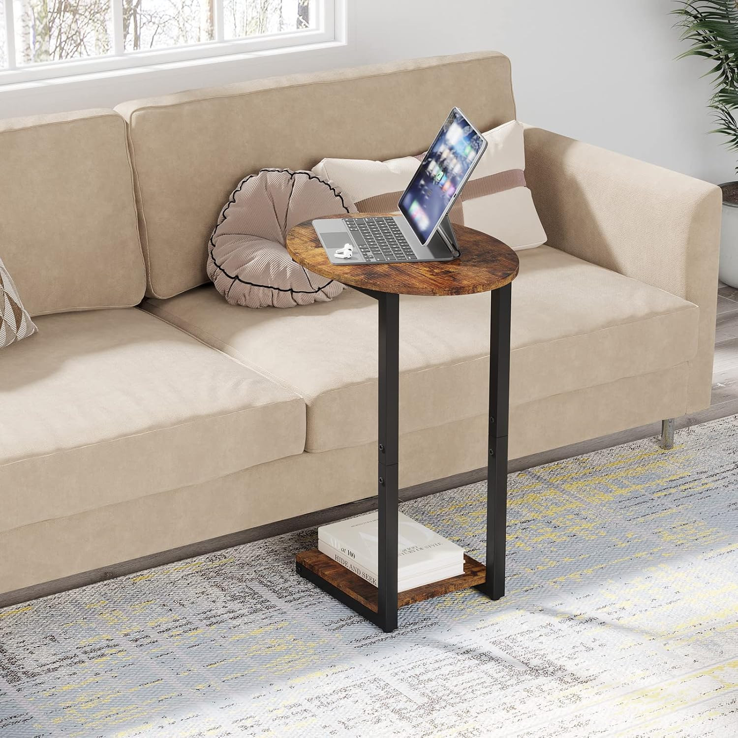 Side Table Small End Table, C-Shaped Wood Sofa Table with Metal Frame for Living