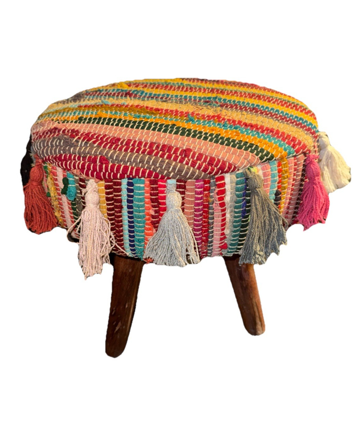 Handmade Rug Footstool Round Strips Fringed Turned Maple Wood Legs Cottage Core