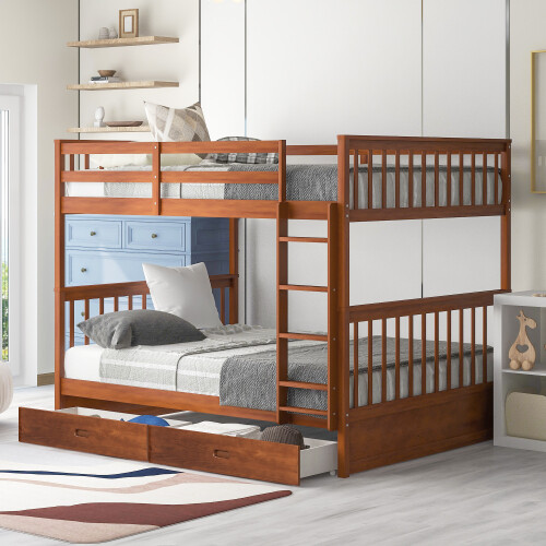 Full Over Full Bunk Bed W/ Storage Drawers Wood Platform Beds Bedroom Furniture